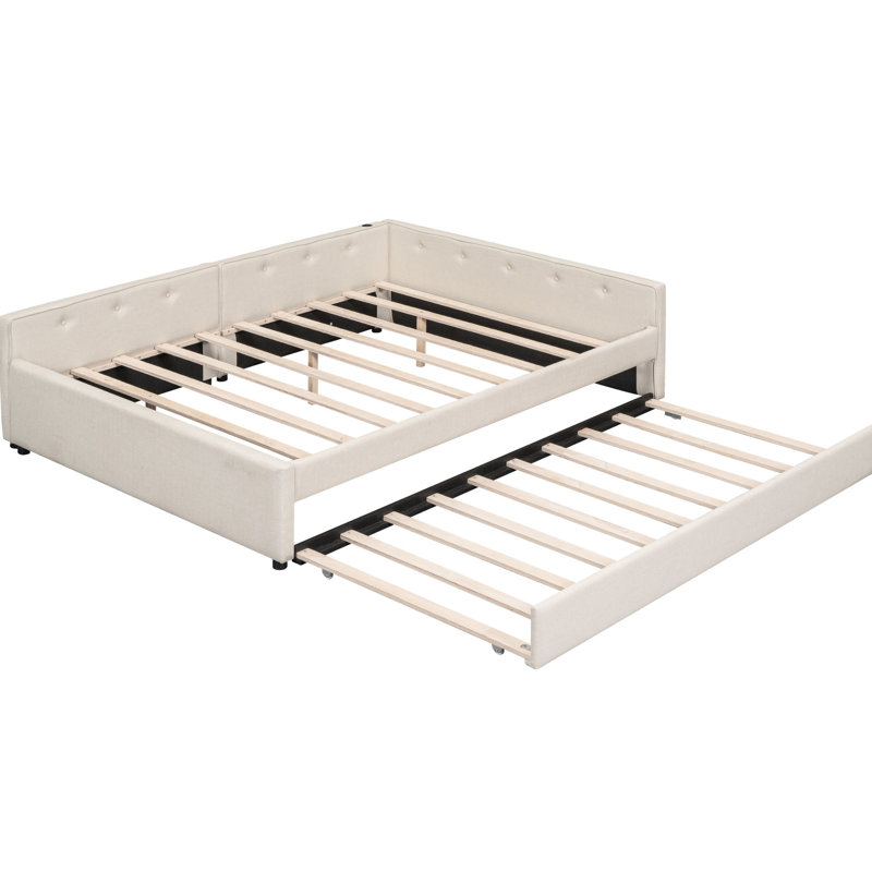 Grand lit tapissier avec gigogne simple, structure en lin beige, Grand lit