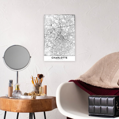 Carte de la ville de Charlotte, rétro, impression abstraite d'art mural de la ville