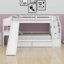 Lit superposé simple au-dessus de simple avec tiroirs et tablettes, lit superposé en bois avec escalier de rangement et bureau-354836956