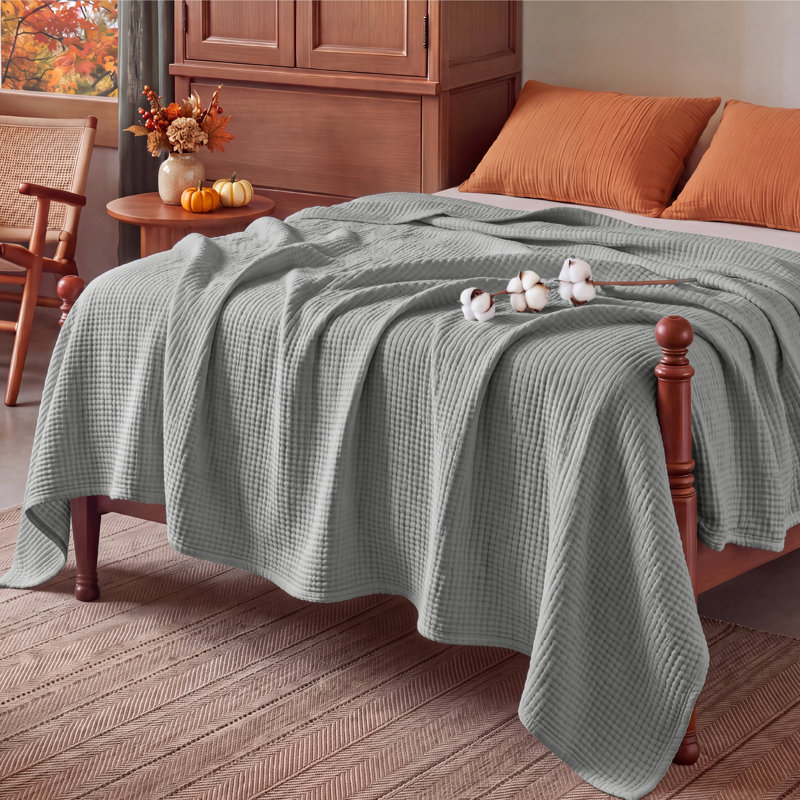Couverture en mousseline 100% coton, 4 couches, pour l'été, pour plus de confort, 200 g / m², Très grand lit, Gris