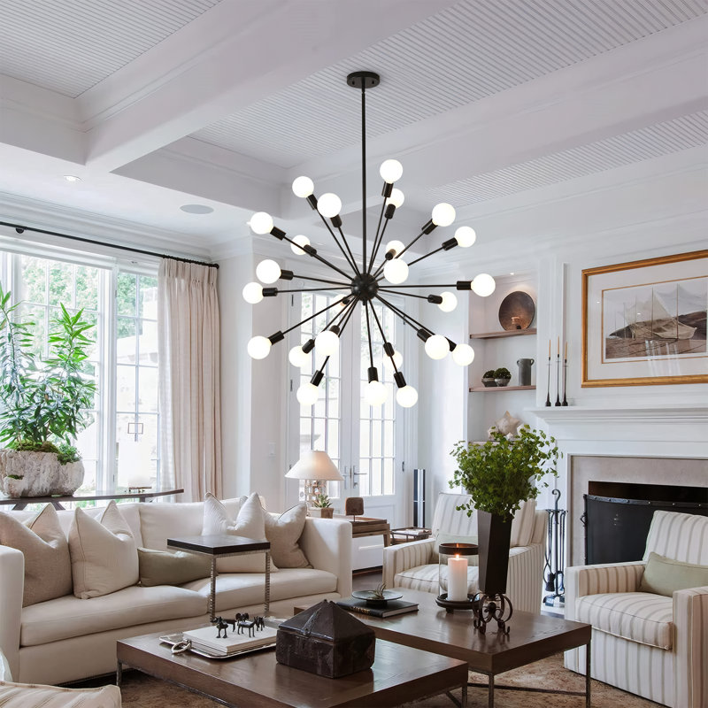 Lustre linéaire moderne 24 lumières à intensité variable Spoutnik noir, H 40,76 po x l 40,76 po x P 40,76 po, 24 lumières
