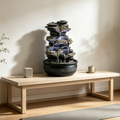Fontaine de table de 15,7 pouces avec lumière DEL et pompe Petite fontaine de chute d'eau Fontaine de méditation intérieure pour la maison Bureau Chambre à coucher Décoration de salon Cadeaux
