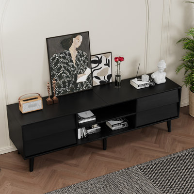 Meuble télé de 63 pouces avec un design biseauté et des tiroirs en noir, convenant à une table de décoration de chambre à coucher de style biseauté rétro. Vaste espace de rangement à usage quotidien. La construction est usée. Convient aux téléviseurs de 60 po