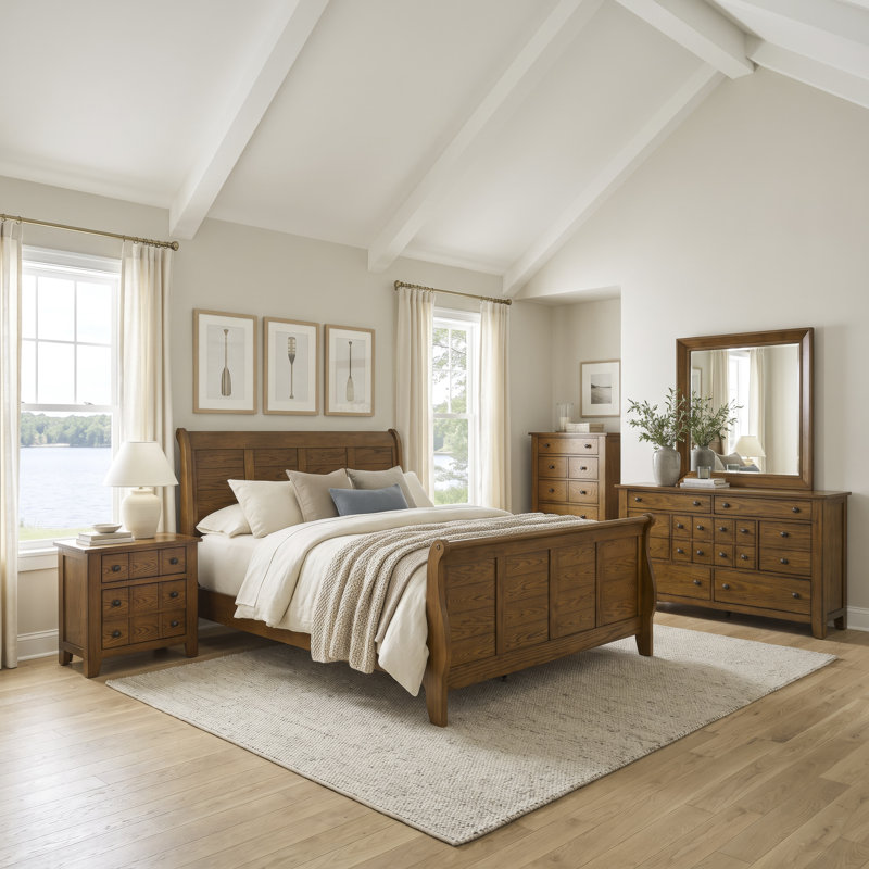 Ensemble de chambre à coucher avec lit-bateau, commode et miroir Oconee, Light Brown, Queen