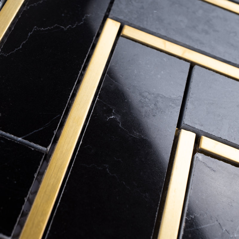 Natural 10.71 in. x 11.07 in. Herringbone Polished Marble Mosaic Tile, Black/Gold