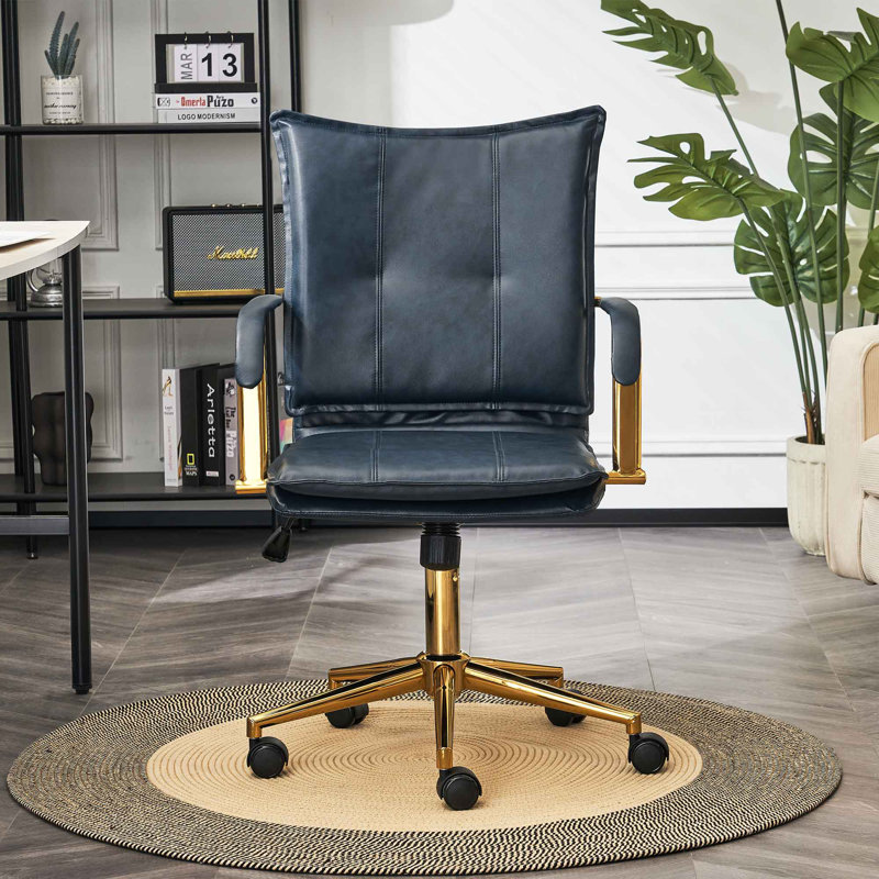 Chaise de travail en cuir avec accoudoirs rembourrés Abba, Bleu très foncé