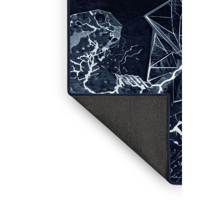 Tapis bleu moelleux doux à motif géométrique Faune douce et bleu marine, 7 x 9