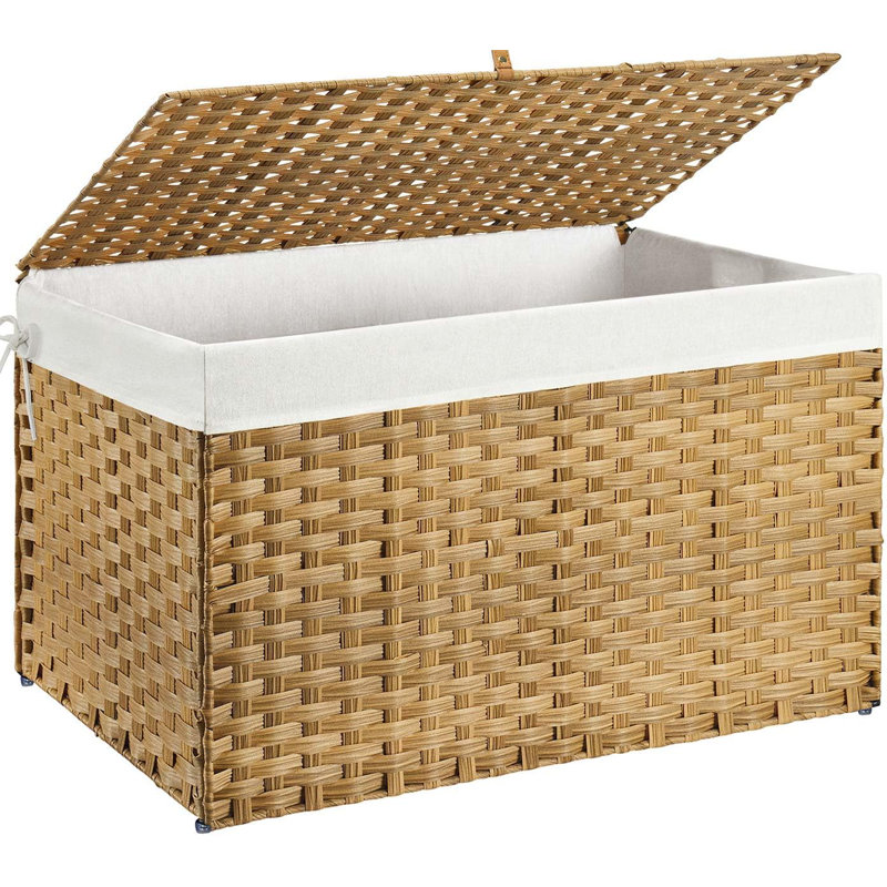 Storage Basket with Lid, 17.2 Gallon(65L) Small Wicker Blanket Storage Basket with Handles, Foldable, 2 Removable Liner Bags, Metal Frame, for Bedroom, Laundry Room