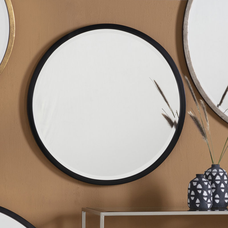Thora Metal Round Wall Mirror, 60cm H x 60cm W, Higgins Round Mirror Black