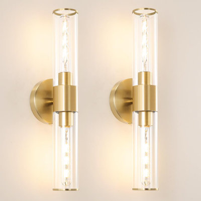 Set Of 2 Hardwired Wall Sconce Lights, Modern Bathroom Vanity Lighting Fixture With Clear Glass Shade, Brushed Brass Finish For Mirror, Hallway, And Bedroom