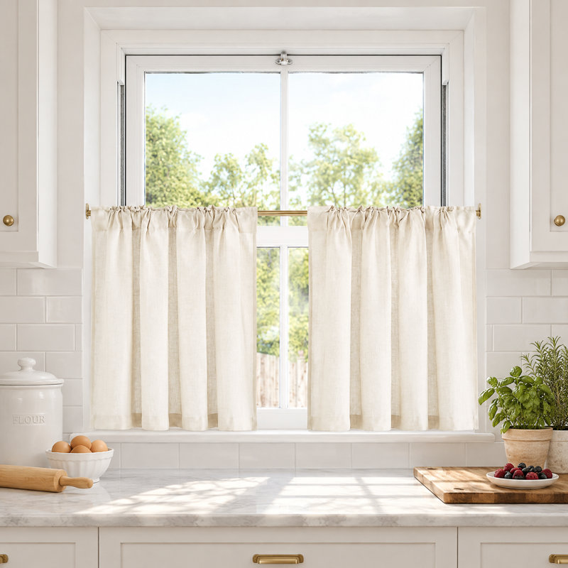 Natural Linen Back Tab Curtains for Kitchen Over Sink, Rod Pocket Short Drapes Light Filtering Sheer Farmhouse Window Valances Covering for Bedroom, 2 Panels.