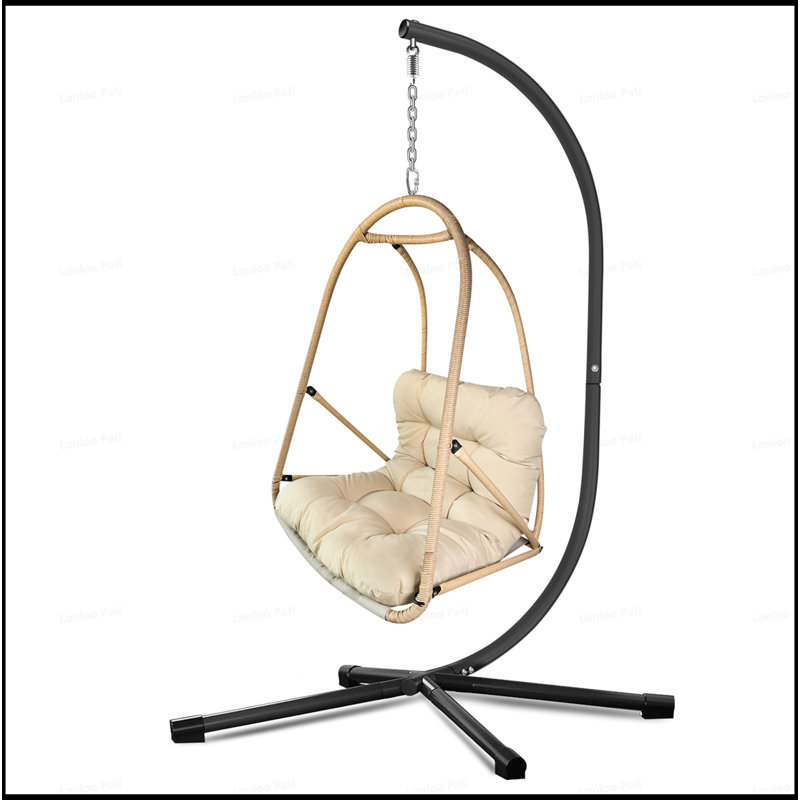 Fauteuil à œufs pivotant avec support, panier de patio en rotin d'osier intérieur / extérieur, support de type C, coussin, oreiller et porte-gobelet