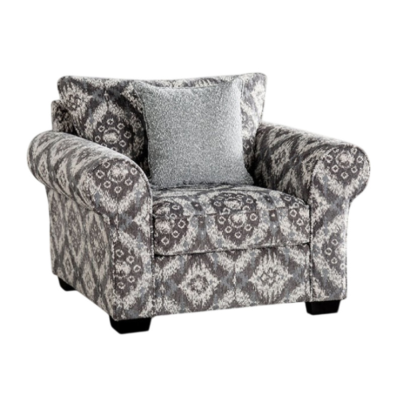 Chaise d'appoint Berrie, 1 coussin décoratif, polyester gris blanc géométrique