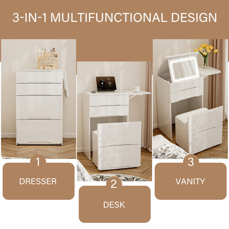 3-Light Flip Top Makeup Vanity Set W/ Stool, Folding Side Shelves & Drawers