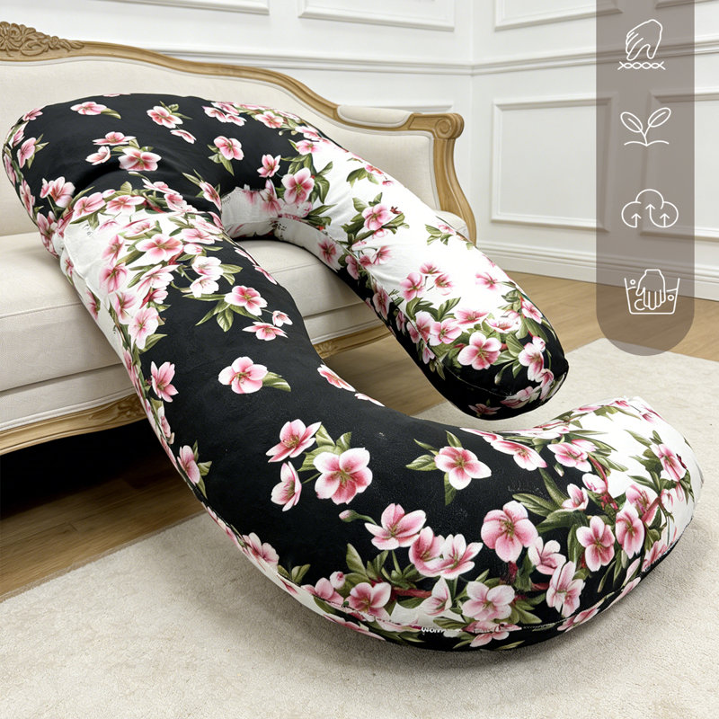 Très grand coussin de grossesse en forme de J, motif floral noir - Support ultime pour les dormeurs latéraux et soulagement de la maternité