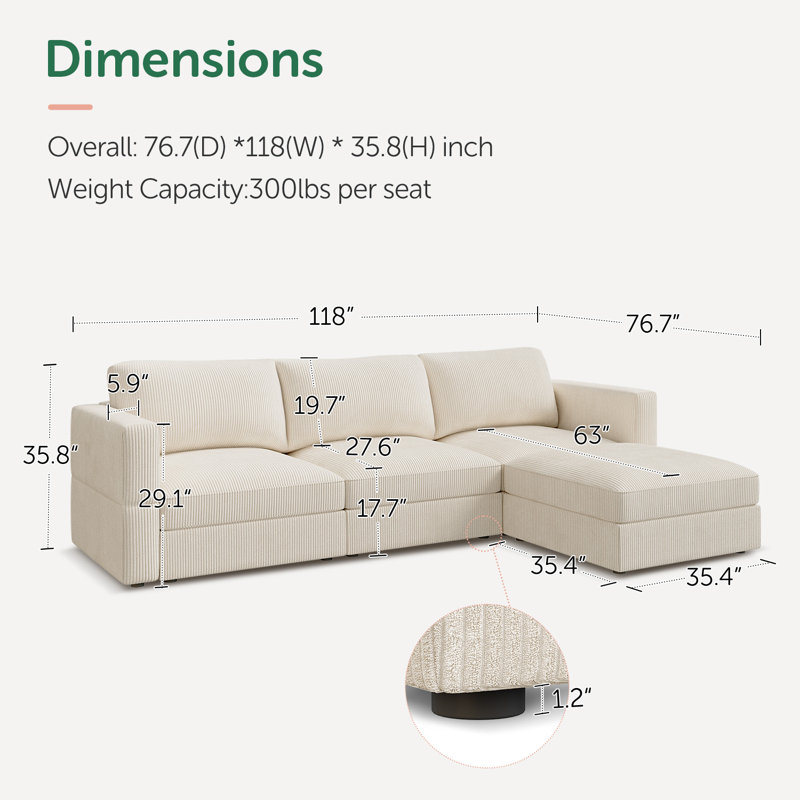Bouley L-shaped Modular Corduroy Sectional Cloud Couch, Beige Corduroy
