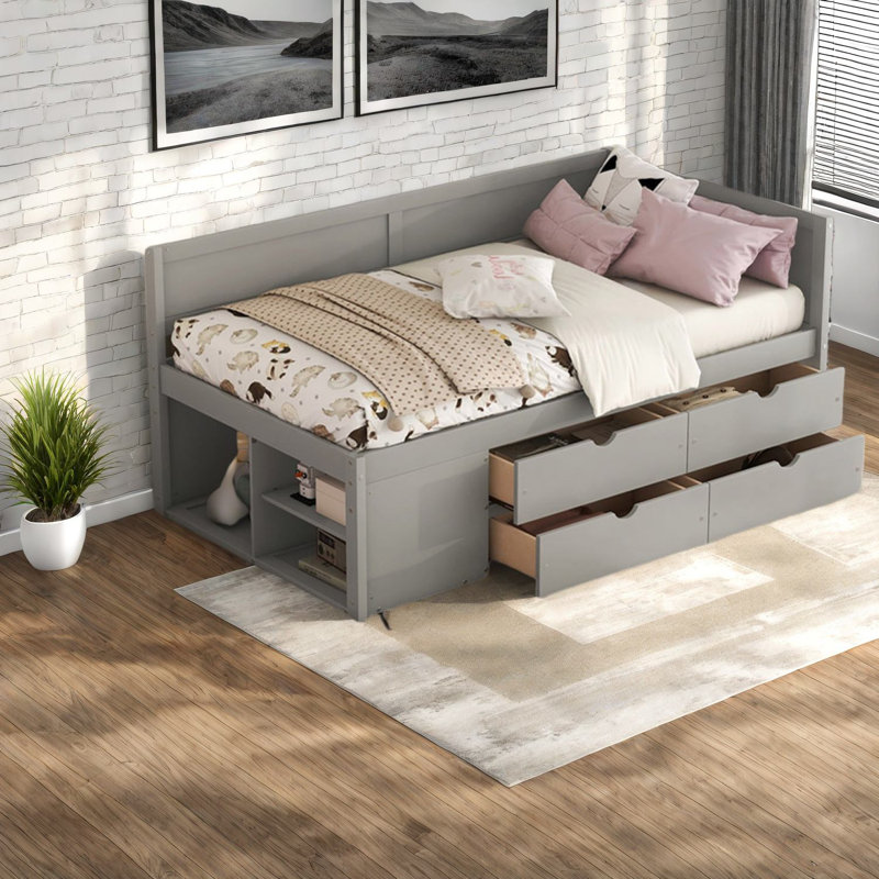 Lits simples peu encombrants avec rangement en bois massif gris moderne