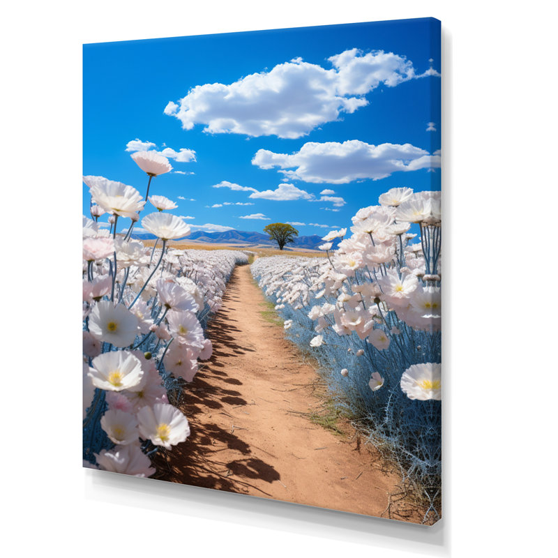 Ludovick White Flowers Meadow Under Blue Sky - Print on Canvas, H 40 po x l 30 po, Toile tendue