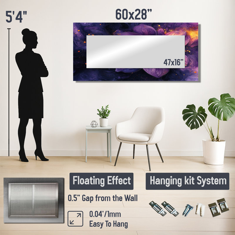 Dahlia vif lavande Dreamscape II - miroir floral pour décoration murale - imprimé sur métal, 28 po x 60 po