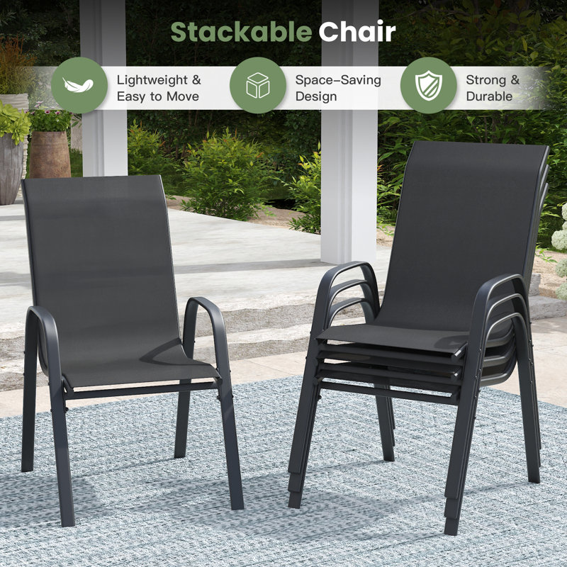 4-Person Square Patio Dining Set With Stackable Chairs, Brush Wood Brown/Black