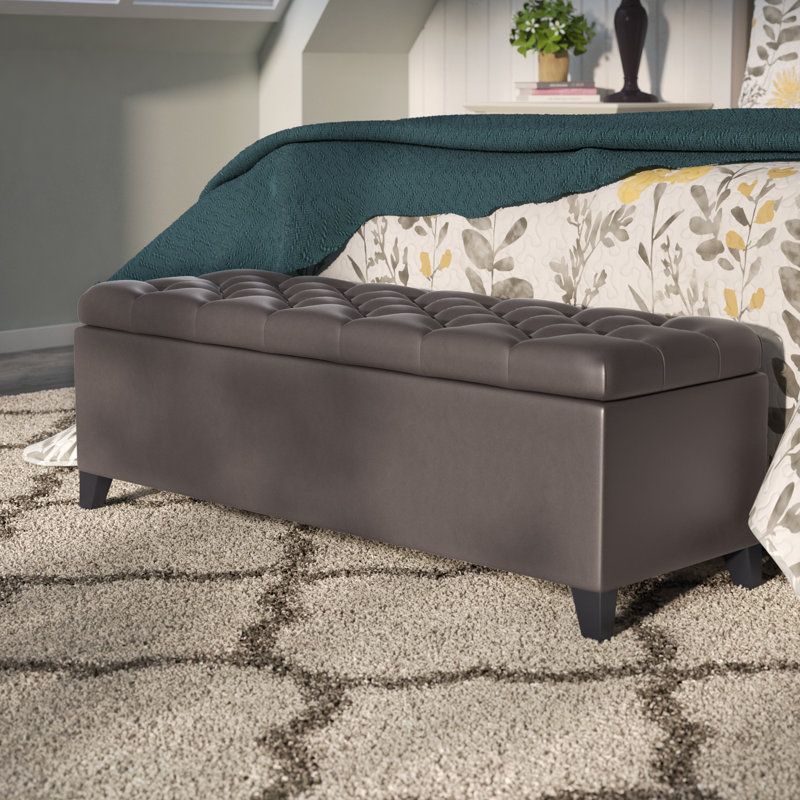 Drayton 51'' Contemporary Faux Leather Storage Ottoman with Button Tufting and Soft-Close Hinges, Chocolate