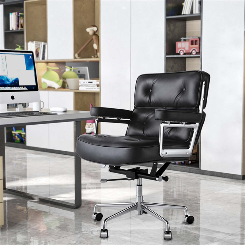 Chaise de bureau en cuir véritable Jonathyn, Brun foncé