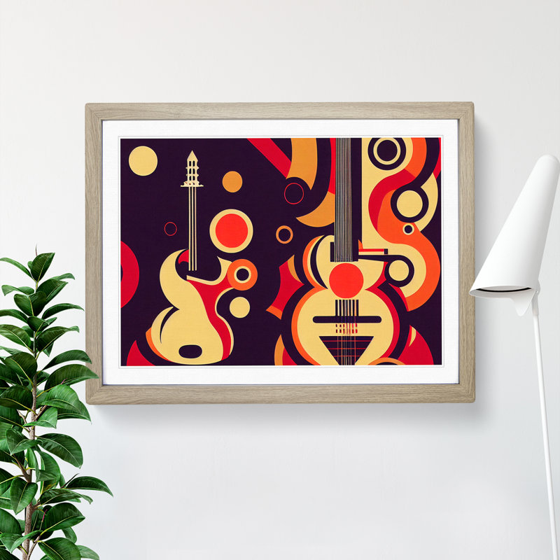 Art Deco Guitar - Single Picture Frame Print, 46cm H x 64cm W x 2cm D, Oak Framed