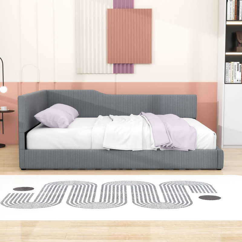 L-Shaped Upholstered Daybed with Slats, Gris, Complet/Double