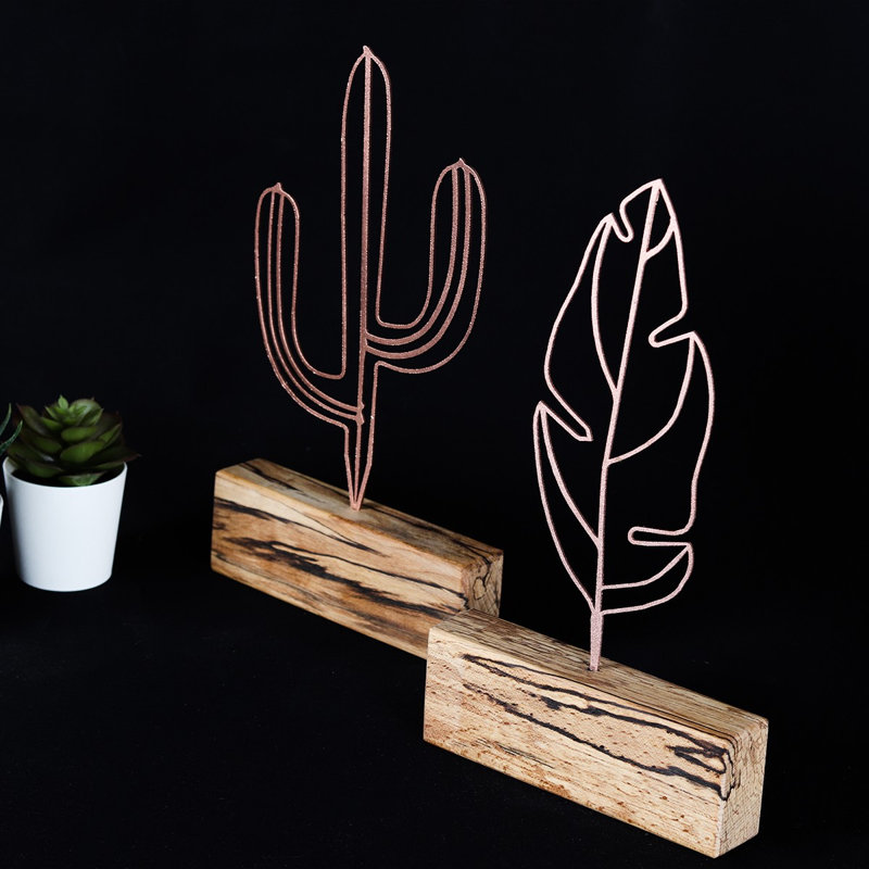 Stylish Decorative Object Set (2 Pieces), Bronze Finish | Cactus (6.3 x 9.4 x 1.4 inches) & Feather (6.3 x 11.8 x 1.4 inches) | 100% Metal (2 mm Thickness) & Wood | Perfect for Home Decor & Unique Gift Ideas