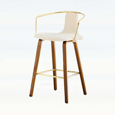 2-Piece Wood Bar Stool Set with Walnut-Grain Legs, White Textured Fabric, and Metal Footrests for Elegant Home Bars and Kitchen Islands