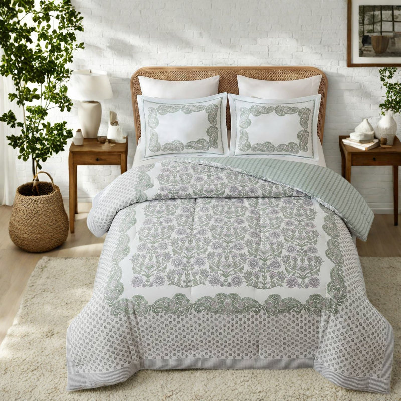 -Piece Full/Queen Bedding Sets, Cotton-Rich Floral Comforter, Sage Green