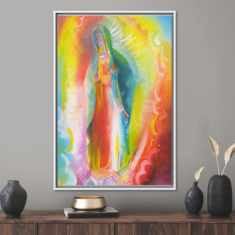 Art moderne moderne sur toile, Notre Dame de Guadalupe, H 94 po x l 41 po, Reproduction encadrée sans passe-partout, Blanc