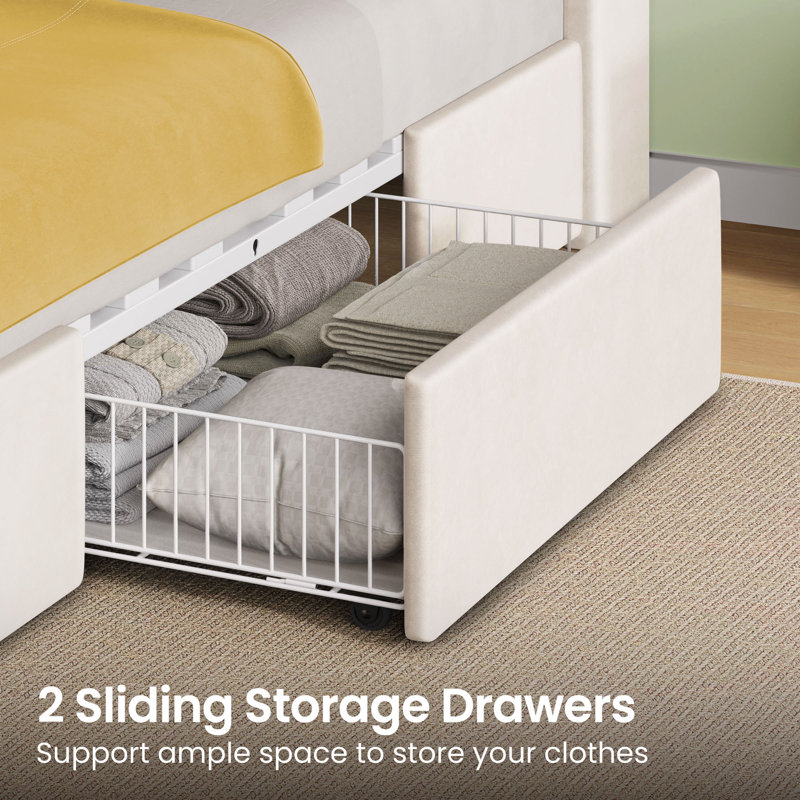 Upholstered Bed Frame with Storage Drawers & LED Lights