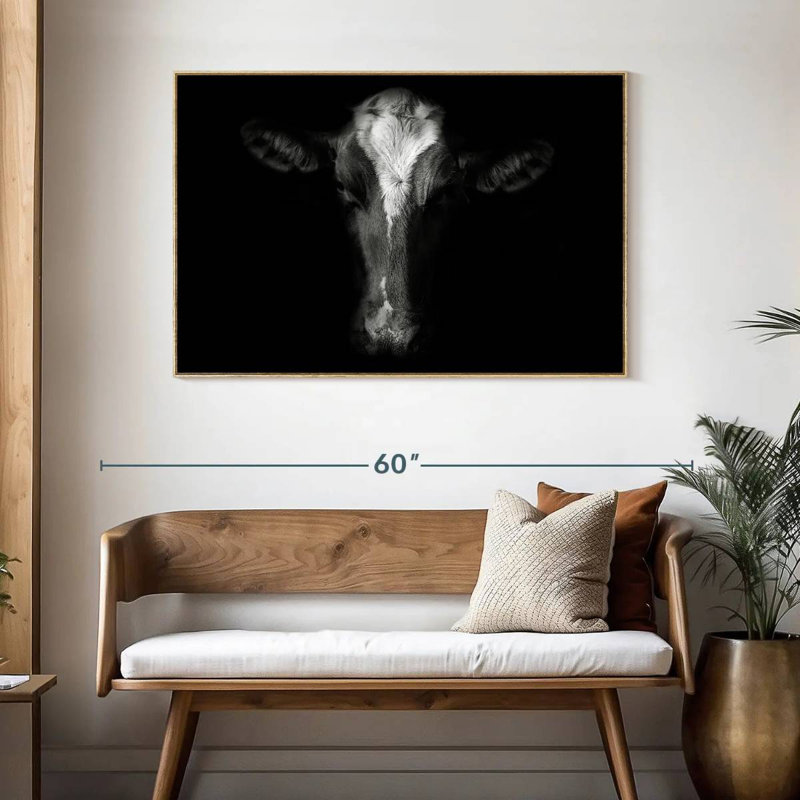 Monochrome Cow Face, 46" X 31", Floating Frame Natural Wood