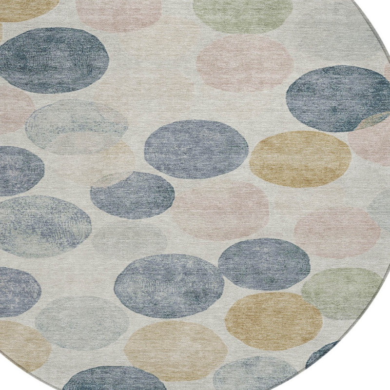 Tapis d'intérieur rond lavable géométrique 8 pi beige bleu marine et doré