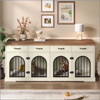 Dog Crate Furniture For 2 Dogs, Dog Kennel Indoor With Removable Divider Door And 4 Storage Drawers, End Table, Dog Crate TV Stand With 4 Doors For Medium Small Dogs