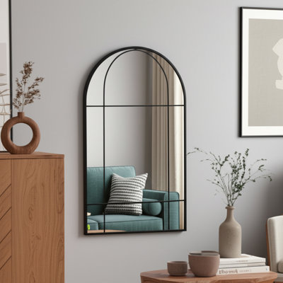 Decorative Windowpane Metal & Wood Frame Wall Mirror for Bathroom or Vanity Table - Modern Functional Large Mirror for Entryway Display - 43", Black