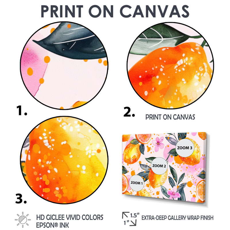 Décoration murale jaune, jaune, floral, orange, arbres I - fruits, Cadre flottant brun, H 28 po x l 60 po