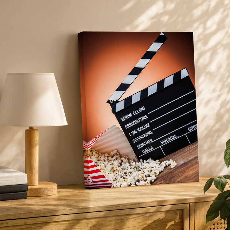 Toile une scène de film dynamique et dynamique mettant en vedette un art mural noir classique et un clap blanc positionné en angle avec l'art mural sur toile