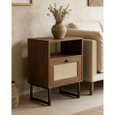 Table de chevet moderne Mid-Century avec tiroir en rotin et tablette ouverte, table de chevet Boho Farmhouse avec rangement pour chambre et salon