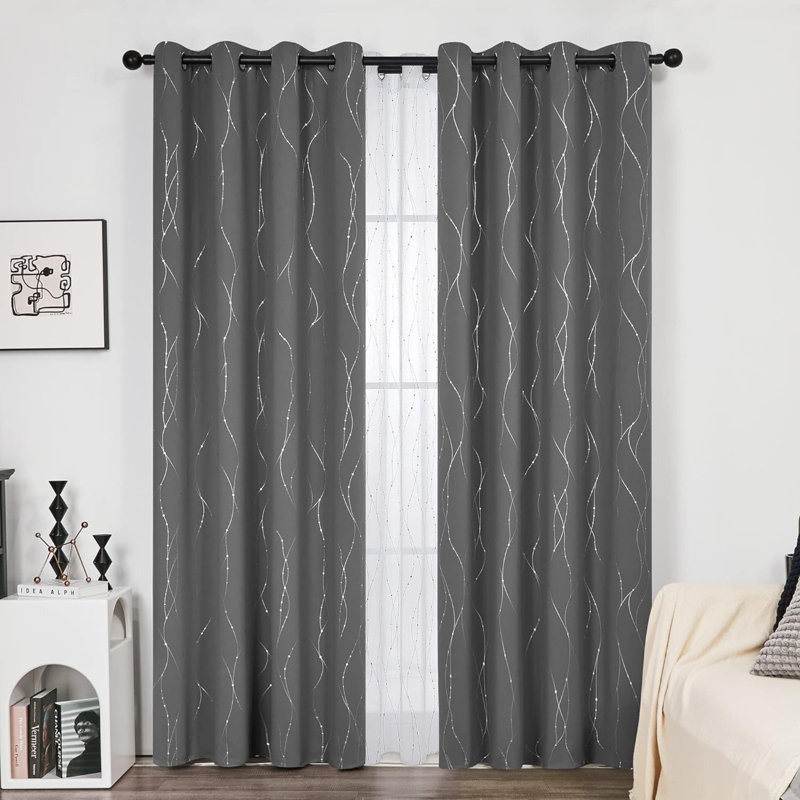 Blackout Grommet Silver Pattern Printed Curtains, Silver Tree Branch, 84L, 42" W x 84" L, Gray