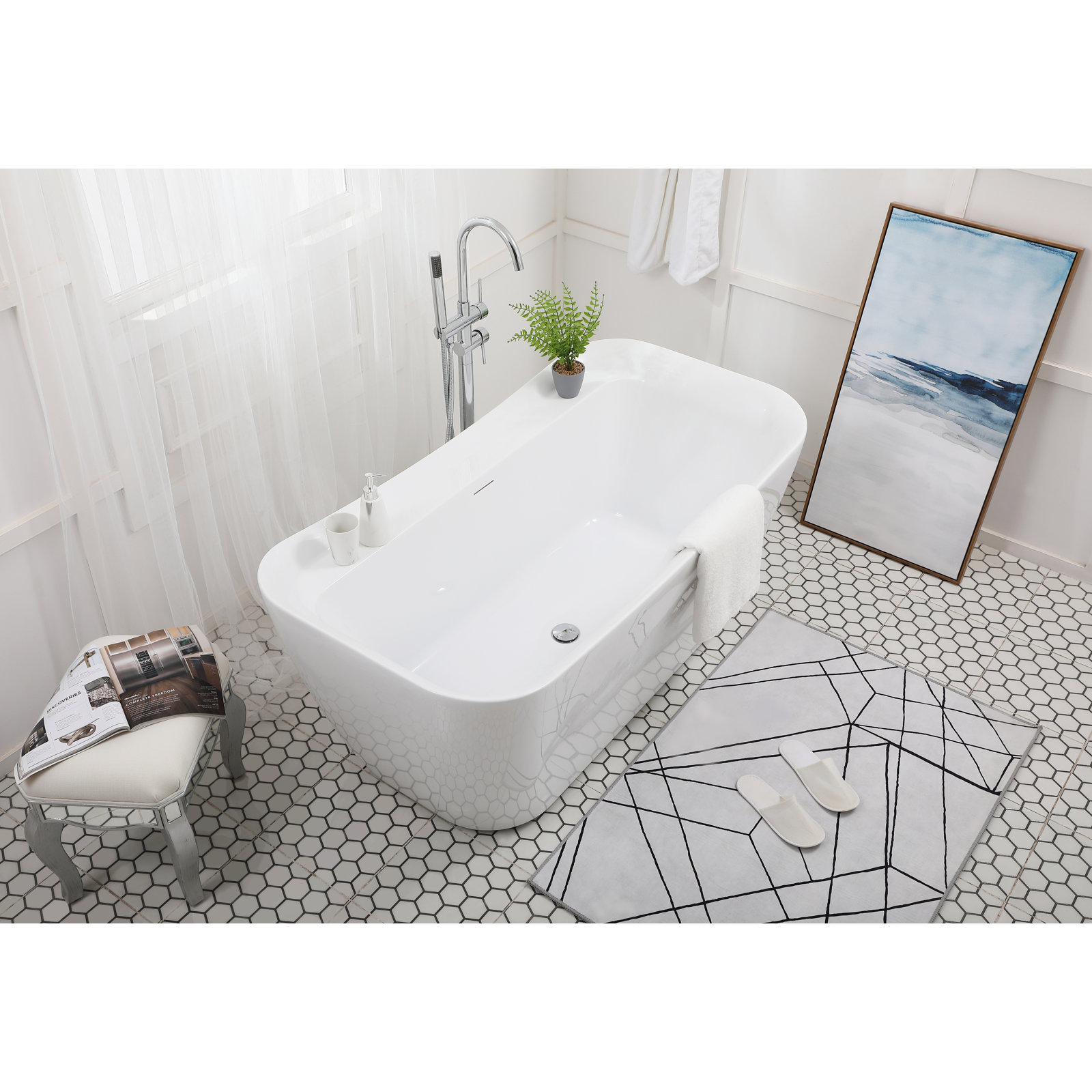 Dezra 59" Freestanding Soaking Bathtub, Polished Chrome