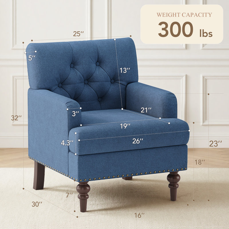 Luxury Tufted High Leg Armchair with Nailhead Trim and Plush Thick Padded Cushion, Blue Fabric