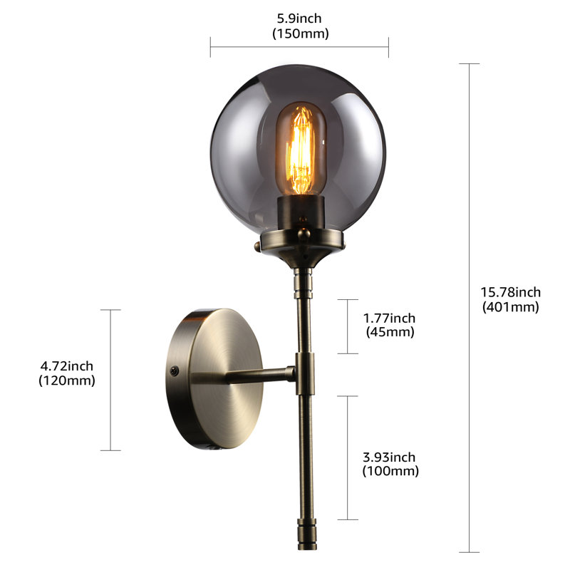 Glass Globe Wall Sconce, Vintage Indoor Glass Wall Light,, Smoky Gray