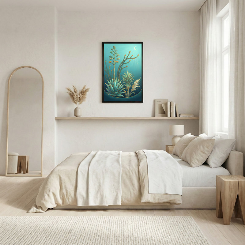 Teal Agave And Yucca Plants With Crescent Moon Canvas Wall Art, 30"H x 20"W