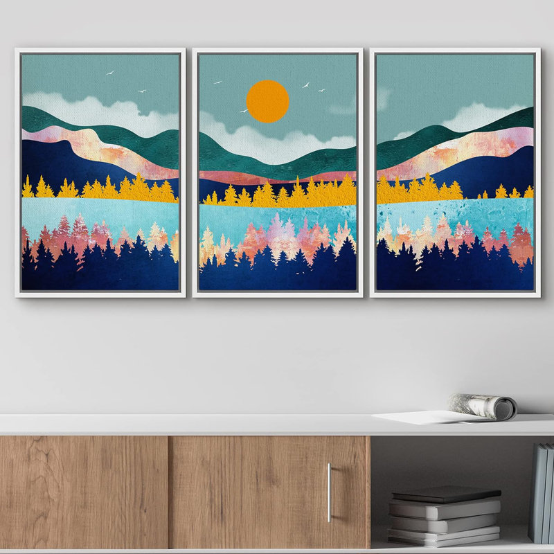 Abstract Mountain " Orange Sun Over Granite Mountains & River Nature Wilderness Modern Art Rustic Scenic Colourful " 3 - Pieces