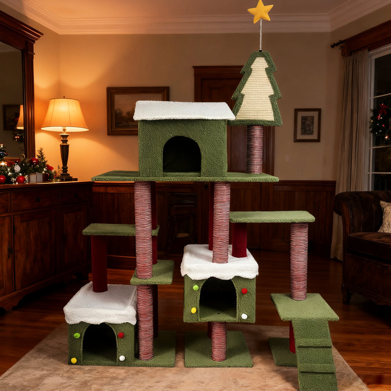 Large tour d'arbre à chat de Noël de 75,61 pouces pour chats d'intérieur, avec étoile dorée et cordes à gratter félines, avec cabines fermées confortables