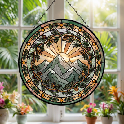 Mountain Sunrise Stained Glass Window Panel，12"H