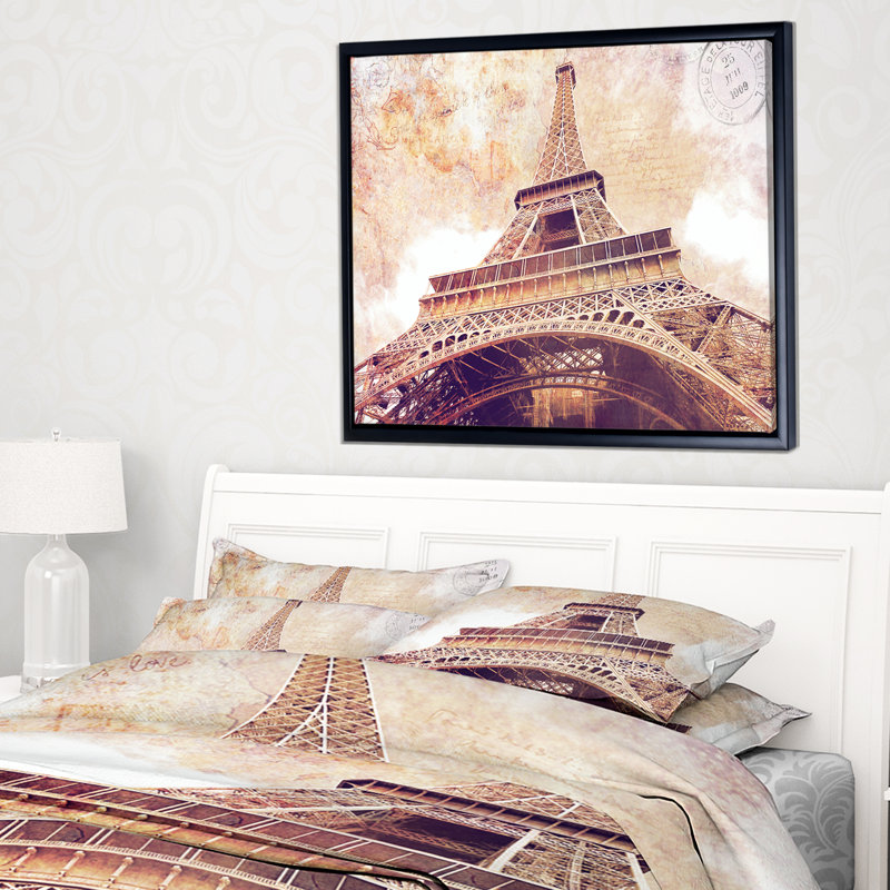 Paysage urbain «Paris Eiffel Tower Post card Design», impression, H 12 po x l 20 po x P 1 po, Toile avec cadre flottant