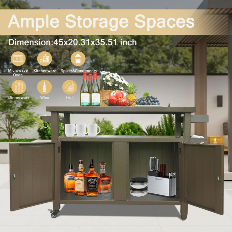 Armoire de rangement pour barbecue avec roulettes, table de barbecue en métal pour l'extérieur, Brun